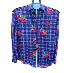 VTG Colorayons by SK & Co Purple Floral Plaid Rayon Shirt Size S Epaulettes